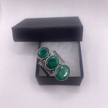 Vintage Green Emerald Boho Cocktail Ring Silver Band, Antique Style Design