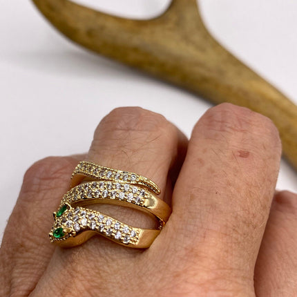 Vintage Gold Snake Ring | Green and Cubic Zirconia Crystal Diamond Gemstones 9k Gold Filled Band | Unique Gift Serpent Statement Ring