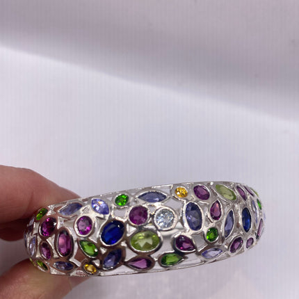 Vintage Colorful Gemstone Bangle Cuff bracelet 925 Sterling Silver