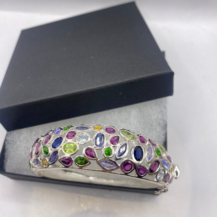 Vintage Colorful Gemstone Bangle Cuff bracelet 925 Sterling Silver