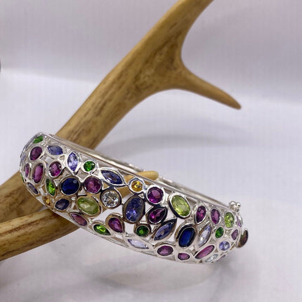 Vintage Colorful Gemstone Bangle Cuff bracelet 925 Sterling Silver