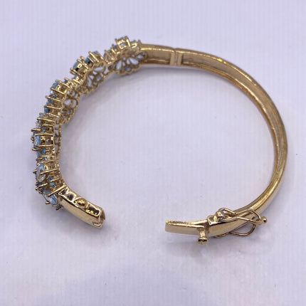 Vintage Gold Bangle | Aquamarine Blue Topaz Floral Flower Design Bangle Cuff | Golden 925 Sterling Silver | Something Blue Bracelet