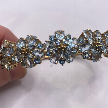 Vintage Gold Bangle | Aquamarine Blue Topaz Floral Flower Design Bangle Cuff | Golden 925 Sterling Silver | Something Blue Bracelet