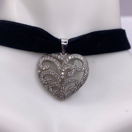 Vintage Cubic Zirconia Heart Choker 925 Sterling Silver Necklace