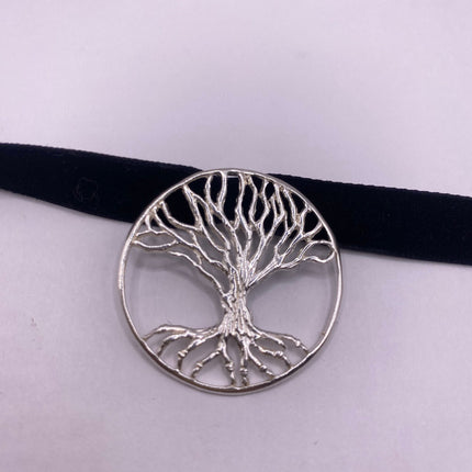 Vintage Silver Pendant Choker Necklace | Spiritual Tree of Life Charm 925 Sterling Silver Black Velvet Choker Necklace