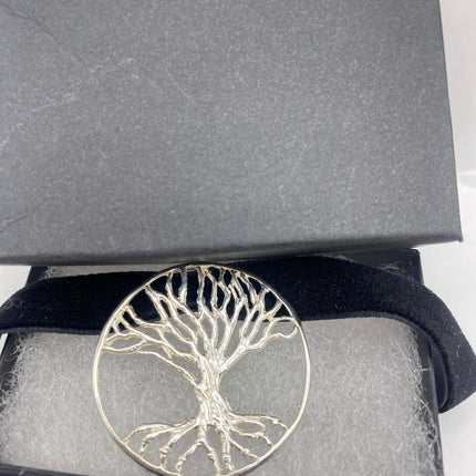 Vintage Silver Pendant Choker Necklace | Spiritual Tree of Life Charm 925 Sterling Silver Black Velvet Choker Necklace