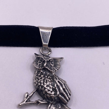 Vintage Wise Owl 925 Sterling Silver Black Velvet Choker Necklace