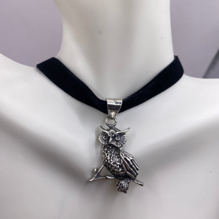 Vintage Wise Owl 925 Sterling Silver Black Velvet Choker Necklace