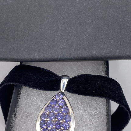 Vintage Blue Iolite 925 Sterling Silver Black Velvet Choker Necklace