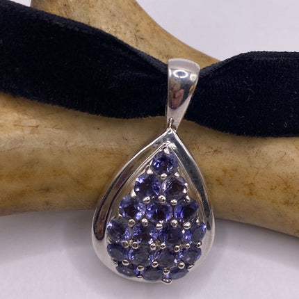Vintage Blue Iolite 925 Sterling Silver Black Velvet Choker Necklace