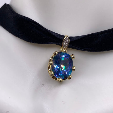 Vintage Mystic Blue Topaz Golden 925 Sterling Silver Black Velvet Choker Necklace