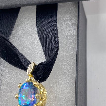 Vintage Mystic Blue Topaz Golden 925 Sterling Silver Black Velvet Choker Necklace