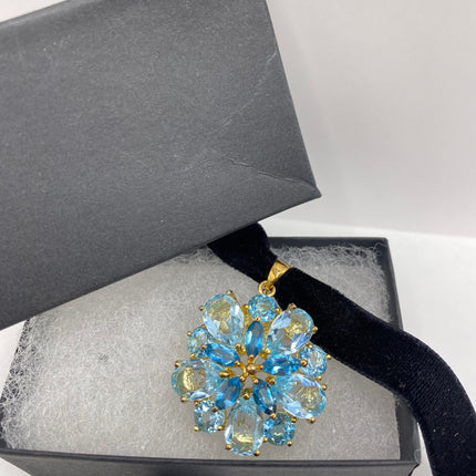 Vintage Gold Pendant Necklace | Blue Topaz Aquamarine Gemstone Flower Crown Setting | Golden 925 Sterling Silver Velvet Ribbon Choker