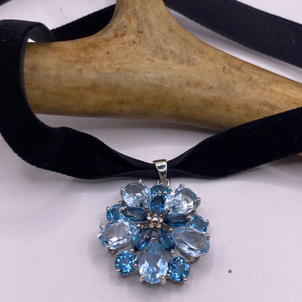 Vintage Gemstone Pendant Choker Necklace | Aquamarine Blue Topaz Gemstone Flower Crown Cluster | 925 Sterling Silver Velvet Choker Necklace