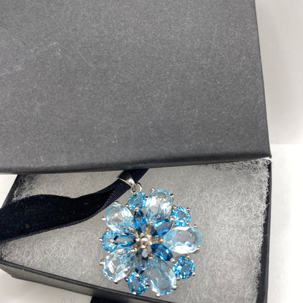 Vintage Gemstone Pendant Choker Necklace | Aquamarine Blue Topaz Gemstone Flower Crown Cluster | 925 Sterling Silver Velvet Choker Necklace