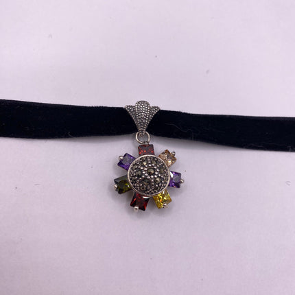 Vintage Flower 925 Sterling Silver Black Velvet Choker Necklace