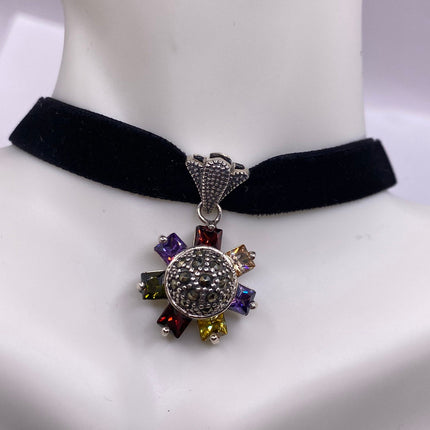 Vintage Flower 925 Sterling Silver Black Velvet Choker Necklace