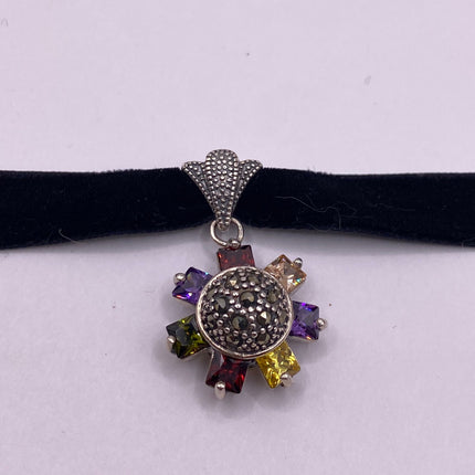 Vintage Flower 925 Sterling Silver Black Velvet Choker Necklace