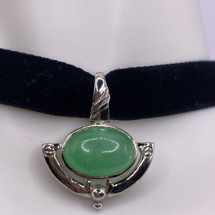 Vintage Silver Pendant | Green Jade Gemstone | 925 Sterling Silver Charm Velvet Choker Necklace - Lucky Green Stone