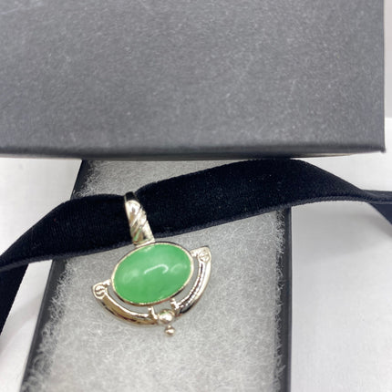 Vintage Silver Pendant | Green Jade Gemstone | 925 Sterling Silver Charm Velvet Choker Necklace - Lucky Green Stone