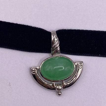 Vintage Silver Pendant | Green Jade Gemstone | 925 Sterling Silver Charm Velvet Choker Necklace - Lucky Green Stone