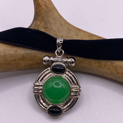 Vintage Silver Pendant | Green Jade Black Onyx Gemstone Pendant | 925 Sterling Silver Charm Velvet Choker Necklace - Lucky Green Stone