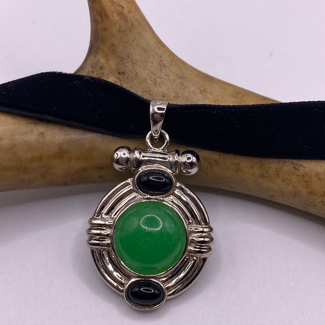 Vintage Silver Pendant | Green Jade Black Onyx Gemstone Pendant | 925 Sterling Silver Charm Velvet Choker Necklace - Lucky Green Stone