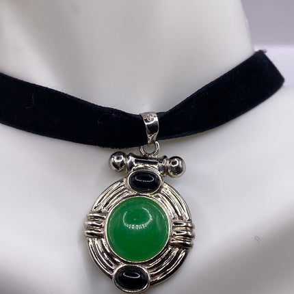 Vintage Silver Pendant | Green Jade Black Onyx Gemstone Pendant | 925 Sterling Silver Charm Velvet Choker Necklace - Lucky Green Stone