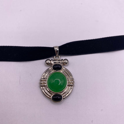 Vintage Silver Pendant | Green Jade Black Onyx Gemstone Pendant | 925 Sterling Silver Charm Velvet Choker Necklace - Lucky Green Stone