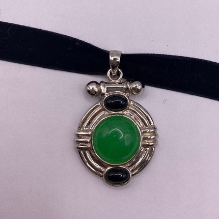 Vintage Silver Pendant | Green Jade Black Onyx Gemstone Pendant | 925 Sterling Silver Charm Velvet Choker Necklace - Lucky Green Stone