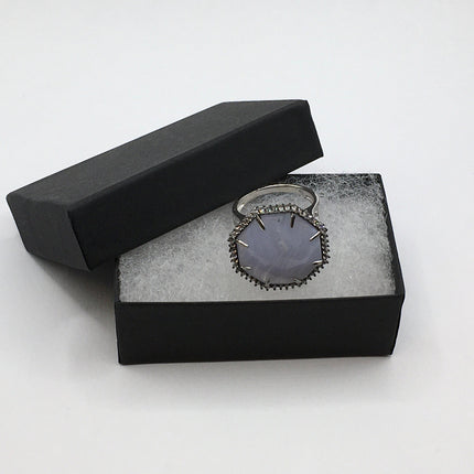 Vintage Blue Lace Agate Crystal Cocktail Ring 925 Sterling Silver, Antique Style Design