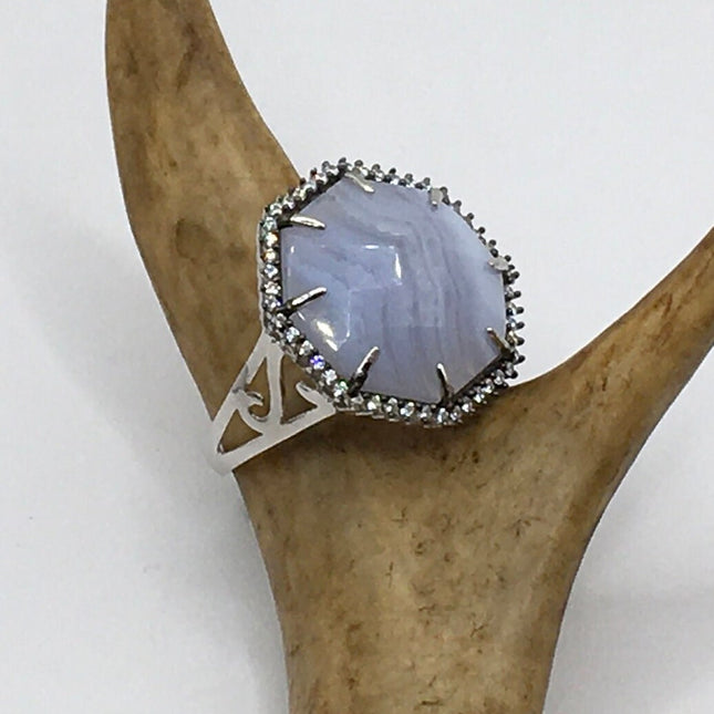 Vintage Blue Lace Agate Crystal Cocktail Ring 925 Sterling Silver, Antique Style Design