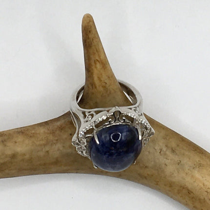 Vintage Blue Lapis Lazuli Crystal Cocktail Ring 925 Sterling Silver, Antique Style Design