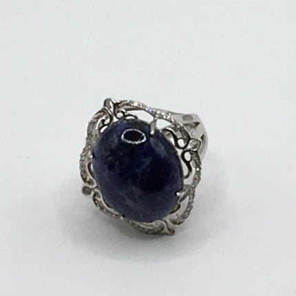 Vintage Blue Lapis Lazuli Crystal Cocktail Ring 925 Sterling Silver, Antique Style Design