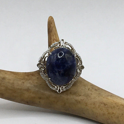 Vintage Blue Lapis Lazuli Crystal Cocktail Ring 925 Sterling Silver, Antique Style Design