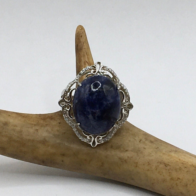 Vintage Blue Lapis Lazuli Crystal Cocktail Ring 925 Sterling Silver, Antique Style Design