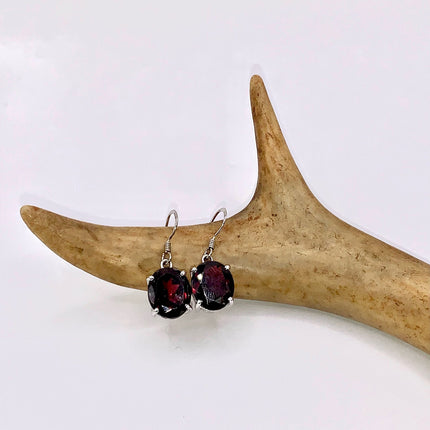 Vintage Silver Earrings | Garnet Gemstone 925 Sterling Silver Hook Dangle Drop Earrings