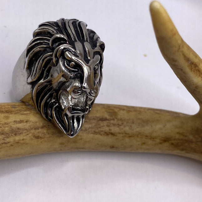 Vintage Boho Leo Lion Statement Ring Silver Stainless Steel, Antique Style Design