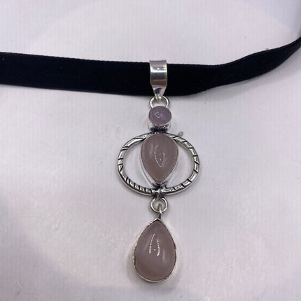 Vintage Pink Rose Quartz Choker Silver Necklace