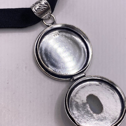 Vintage Poison Pillbox Velvet Choker Photo Locket - Silver ,White Bronze, Rainbow Moonstone, Antique Design Necklace