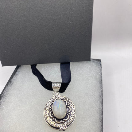 Vintage Poison Pillbox Velvet Choker Photo Locket - Silver ,White Bronze, Rainbow Moonstone, Antique Design Necklace