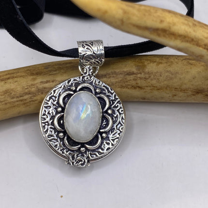Vintage Poison Pillbox Velvet Choker Photo Locket - Silver ,White Bronze, Rainbow Moonstone, Antique Design Necklace