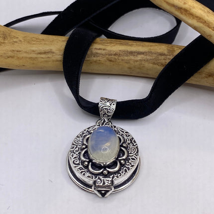 Vintage Poison Pillbox Velvet Choker Locket - Silver, White Bronze, Antique Design, Milk Glass Necklace