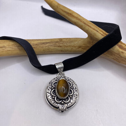 Vintage Poison Pillbox Velvet Choker Locket - Silver, White Bronze, Tigers Eye, Antique Design, Necklace