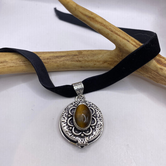 Vintage Poison Pillbox Velvet Choker Locket - Silver, White Bronze, Tigers Eye, Antique Design, Necklace