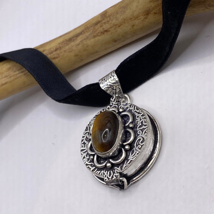 Vintage Poison Pillbox Velvet Choker Locket - Silver, White Bronze, Tigers Eye, Antique Design, Necklace