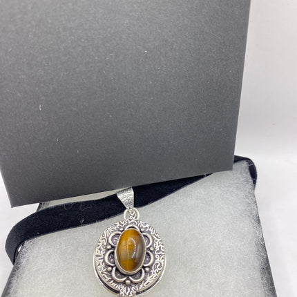 Vintage Poison Pillbox Velvet Choker Locket - Silver, White Bronze, Tigers Eye, Antique Design, Necklace