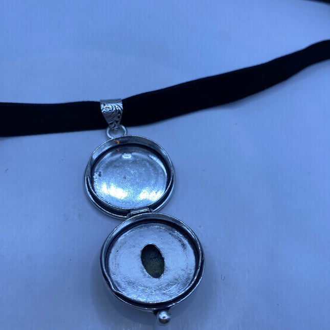 Vintage Poison Pillbox Velvet Choker Locket - Silver, White Bronze, Grey Snowflake Obsidian Necklace