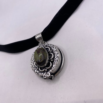 Vintage Poison Pillbox Velvet Choker Locket - Silver, White Bronze, Grey Snowflake Obsidian Necklace