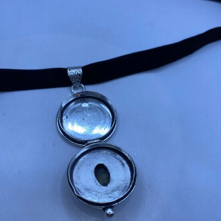 Vintage Poison Pillbox Velvet Choker Locket - Silver, White Bronze, Unakite, Antique Design, Necklace